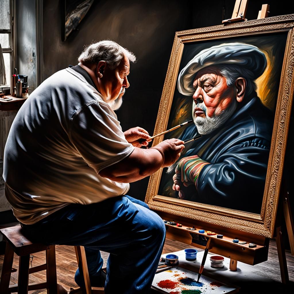 Obese Painter Creating Self Portrait, Hyperrealistic
