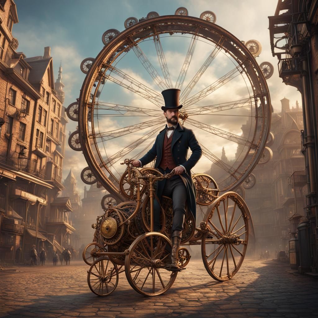Steampunk Bicycle with Rider, Detailed Matte Painting