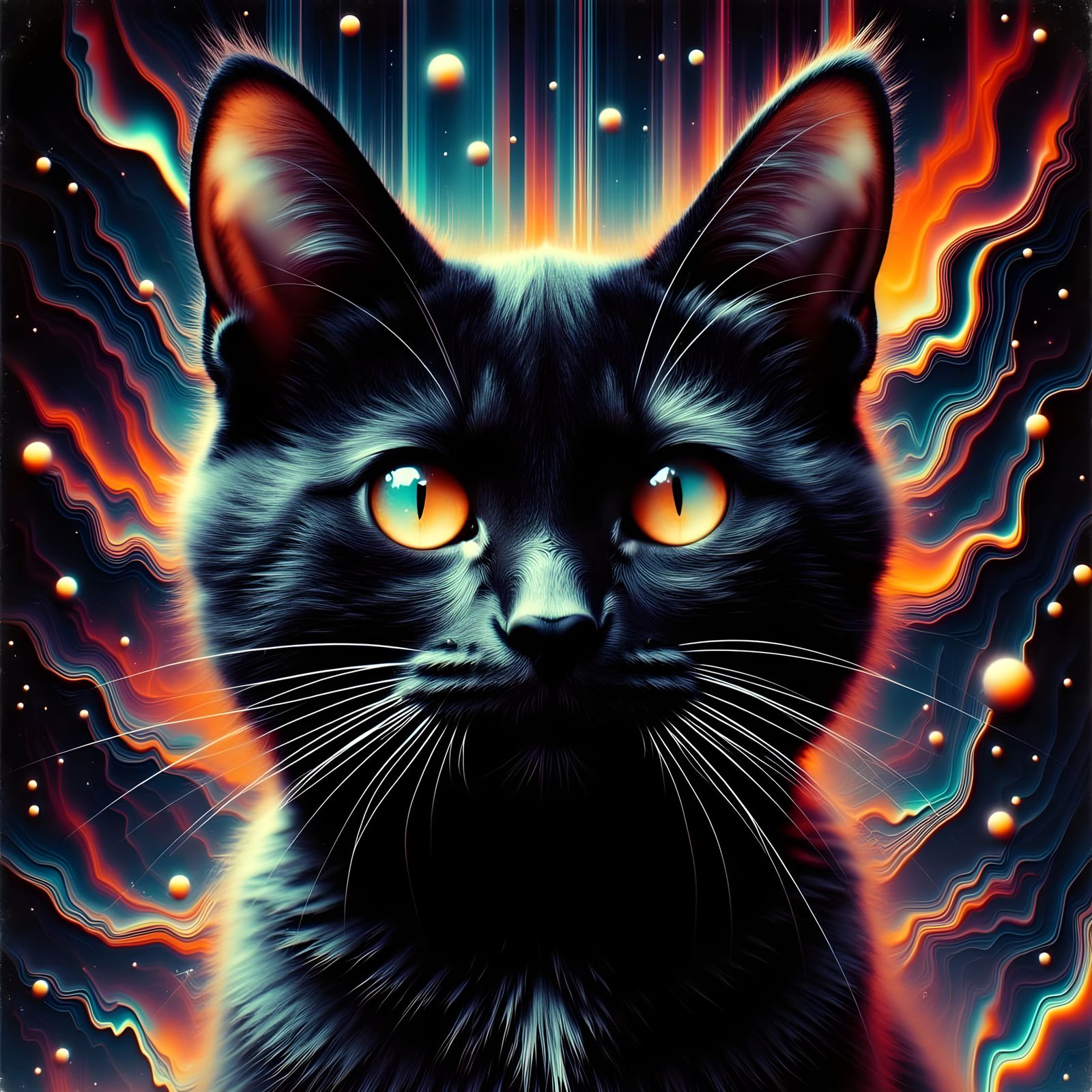 Black Cat's Haunting Dream in Cyberpunk Distortion