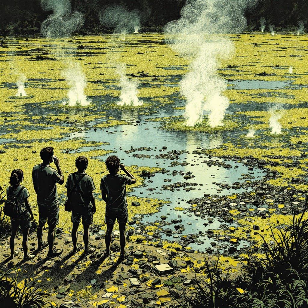 A disgusting turbid clogged polluted lake with stench fumes rising from it. Several people hold their noses. zentangle