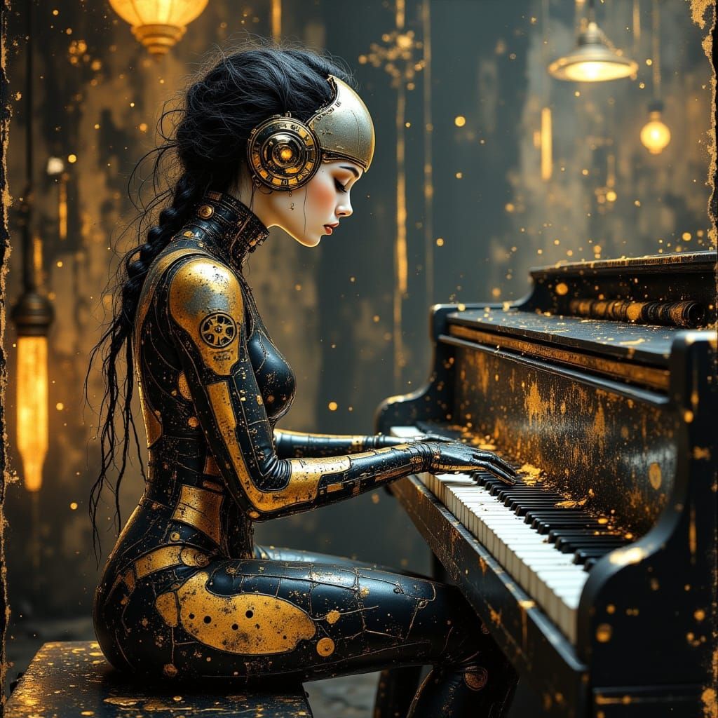 Steampunk Cyborg Plays Piano in Industrial Hall