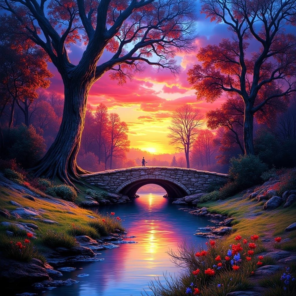 Majestic Stone Bridge at Vivid Sunrise in Oil Painting Style