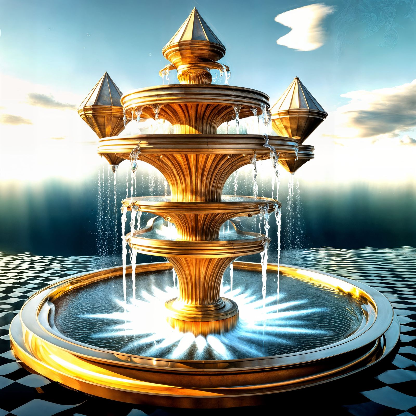 Eldritch Anti-Gravity Water Fountain in M.C. Escher Style