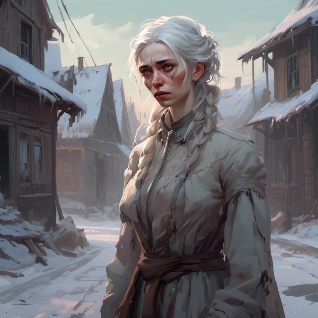 Distressed Slavic Woman in Frozen Ghost Town