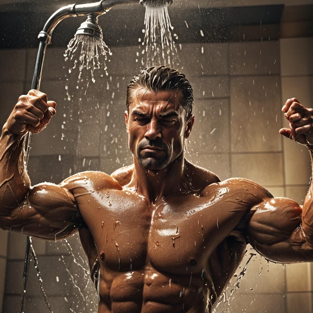 Bodybuilder Showering: Hyper-Realistic Digital Art