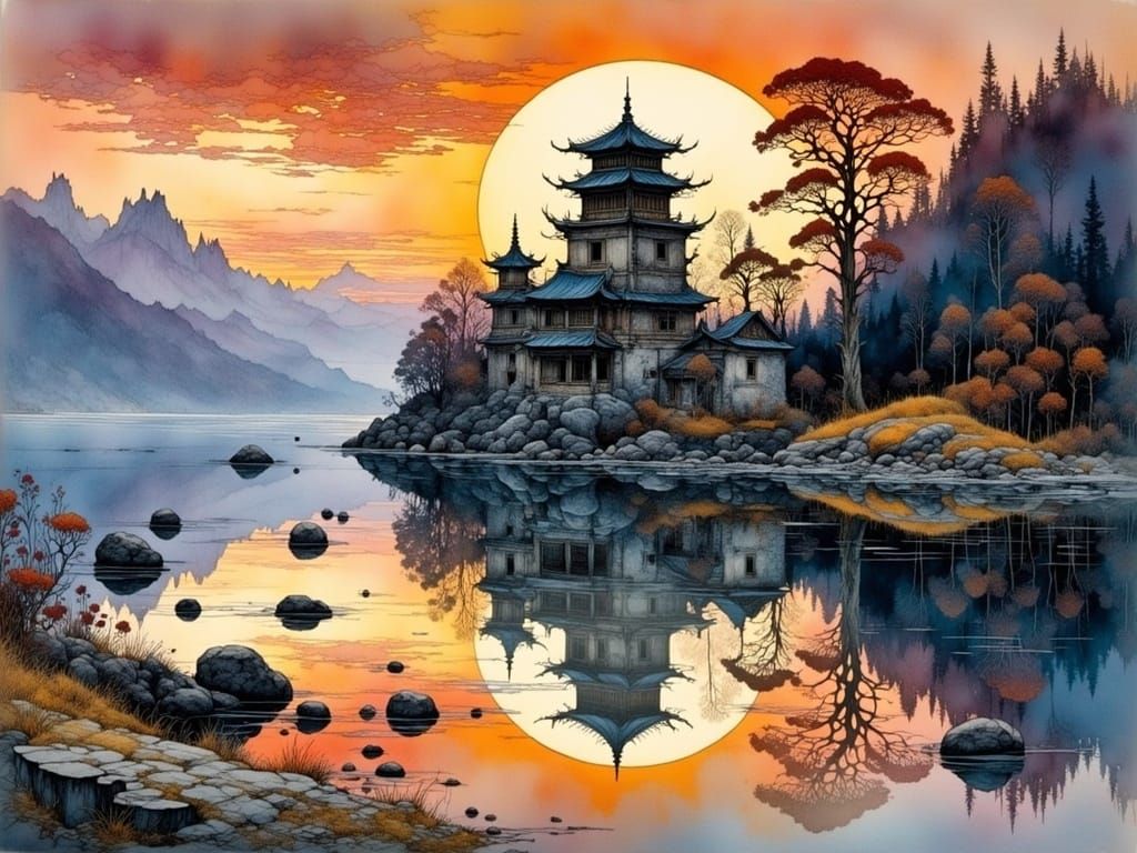 Surreal Oriental Metropolis Reflected in Sunset Lake