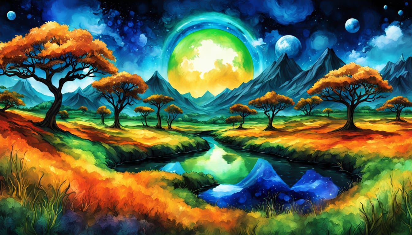 Alien Landscape with Two Moons in Fluid Art