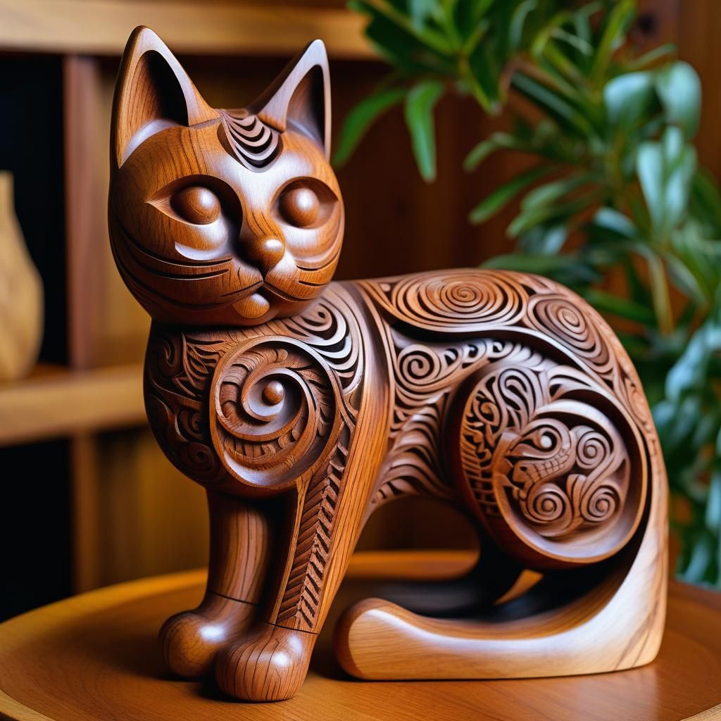 Maori Wood Carving of a Beautiful Cat