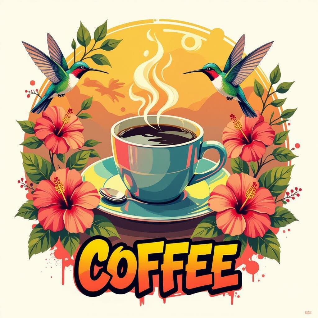 Coffee Cup with Hibiscus Flowers in Neon Futurism Style