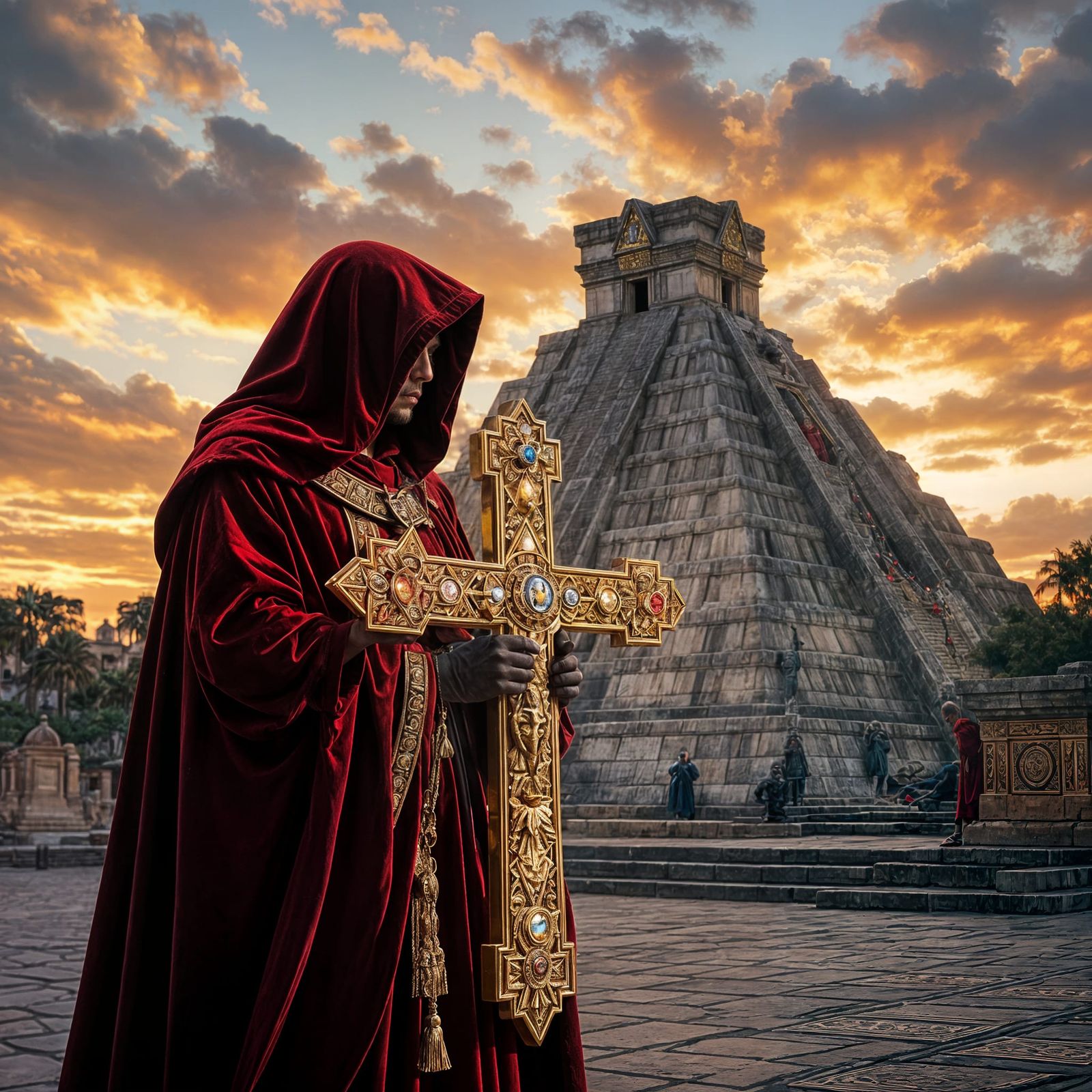 Monk with Jeweled Cross Before Aztec Pyramid
