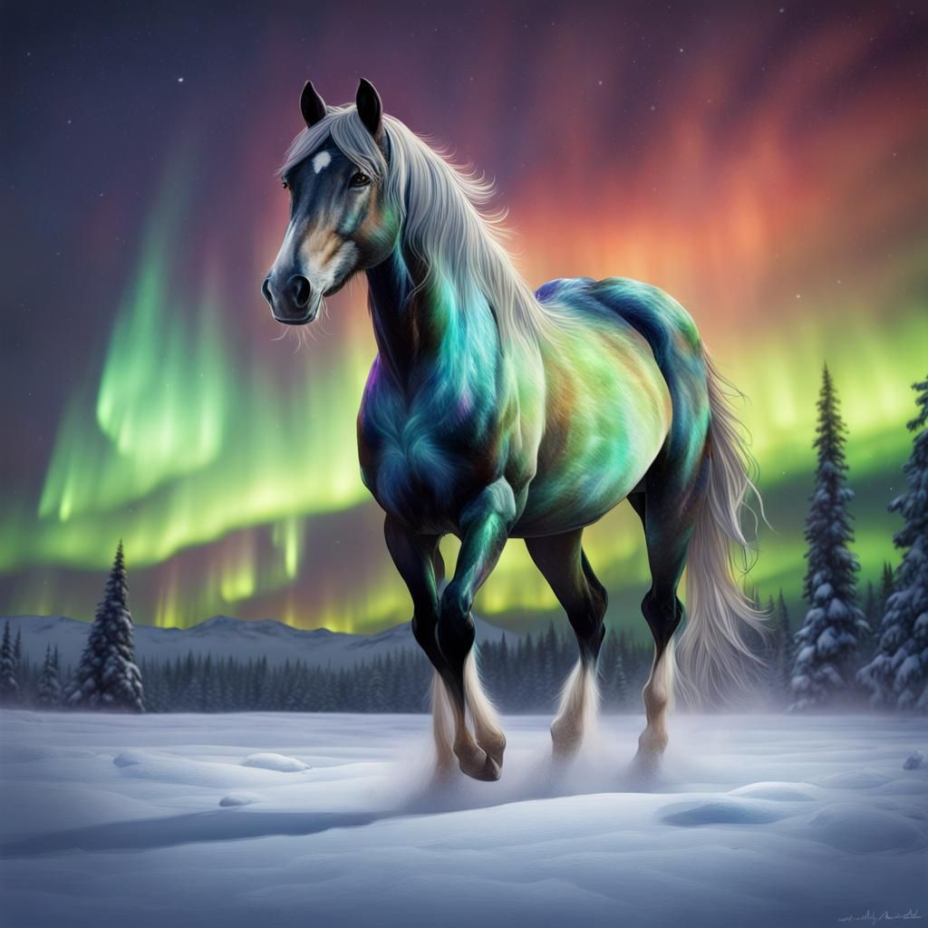 Ardennes Horse in Northern Lights Landscape