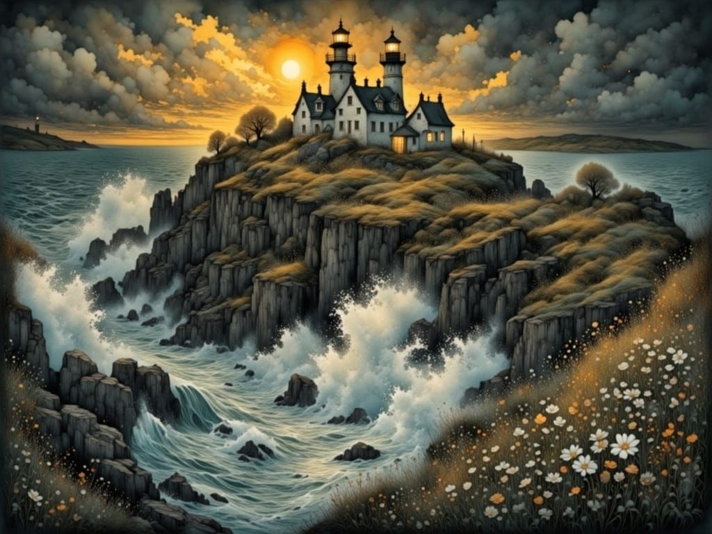 Stormy Sunset Landscape with Majestic Lighthouse