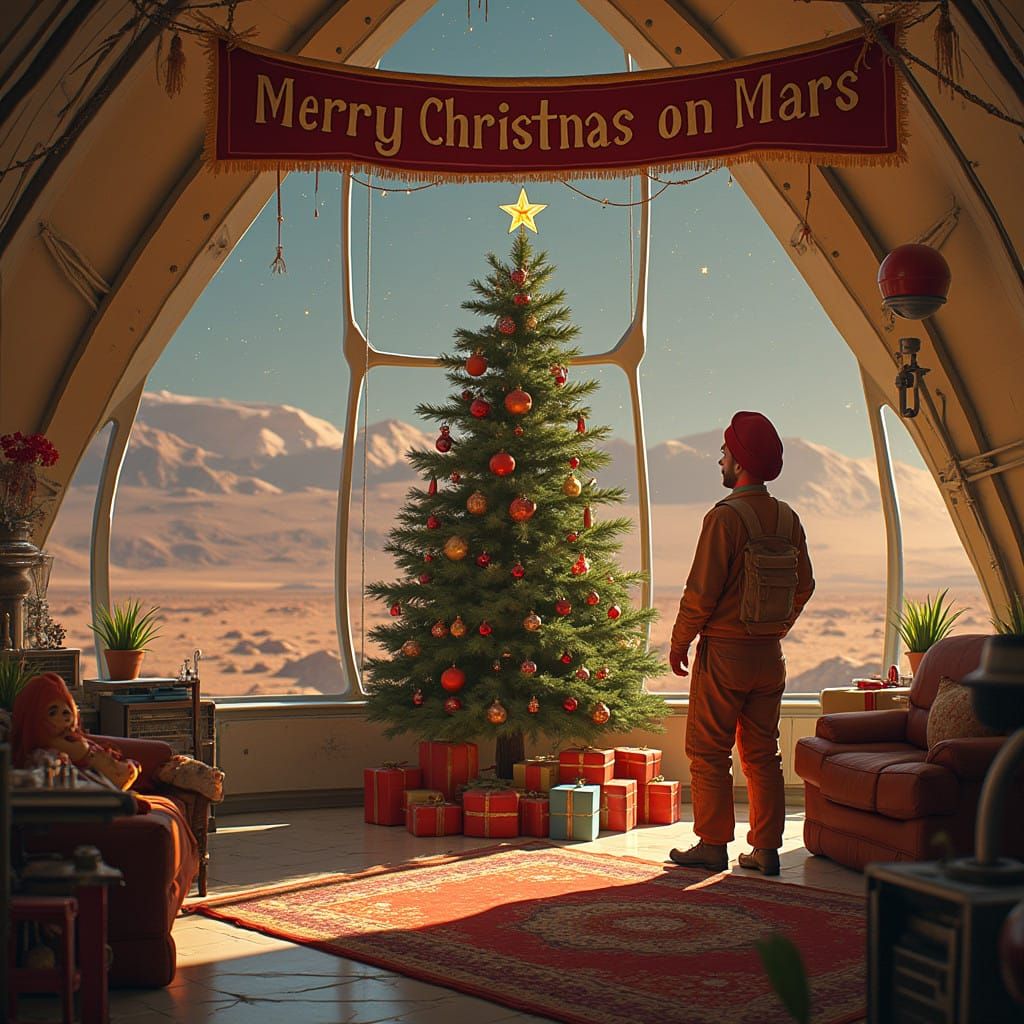 Mars Colonist Decorates Christmas Tree in Dome City