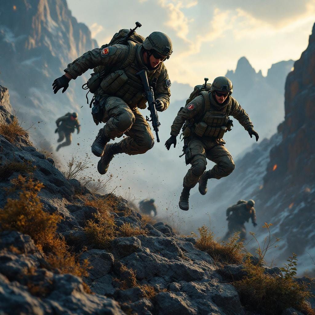 Airborne Soldiers Jumping into Rough Terrain: Matte Painting