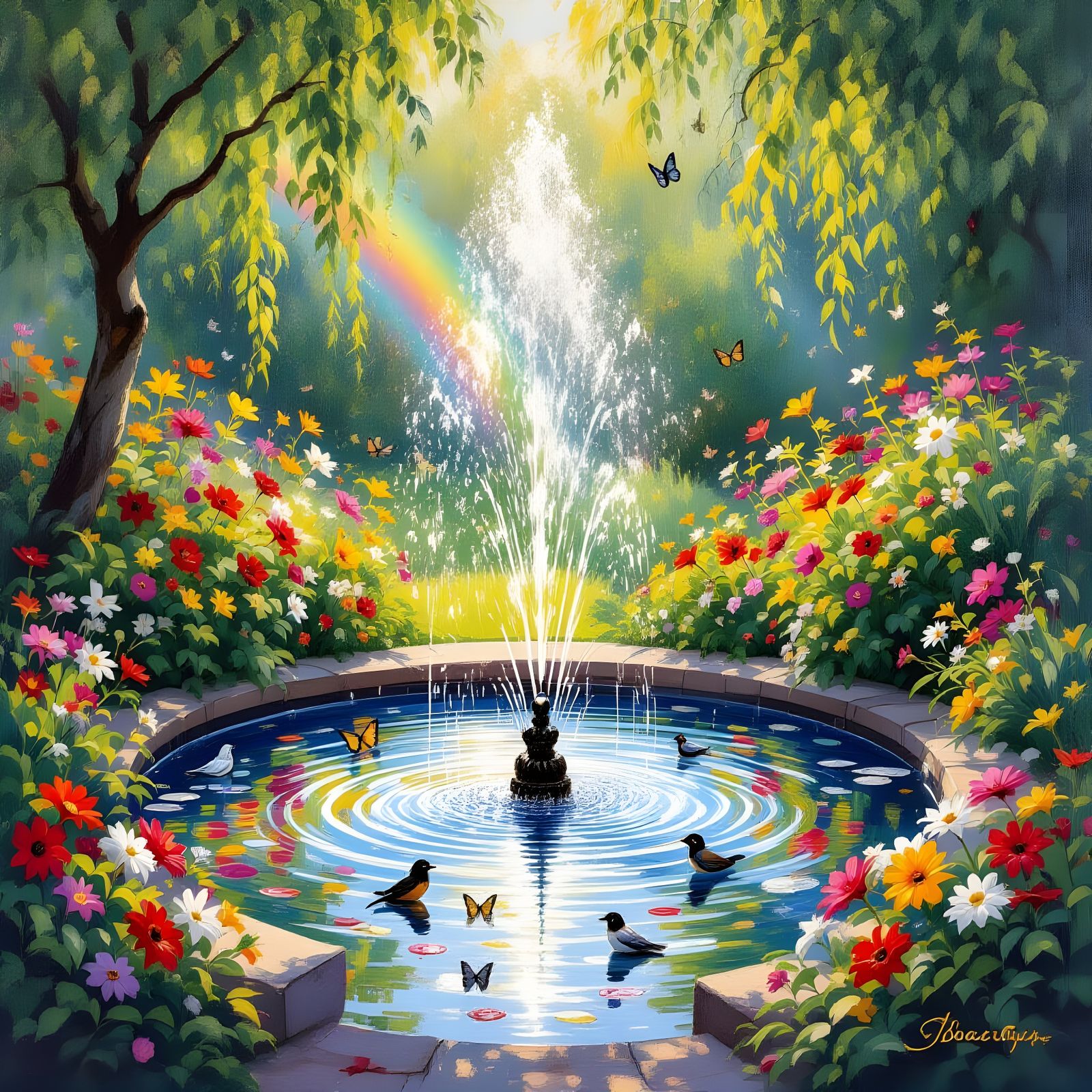 Sunlit Garden Fountain with Rainbow Mist