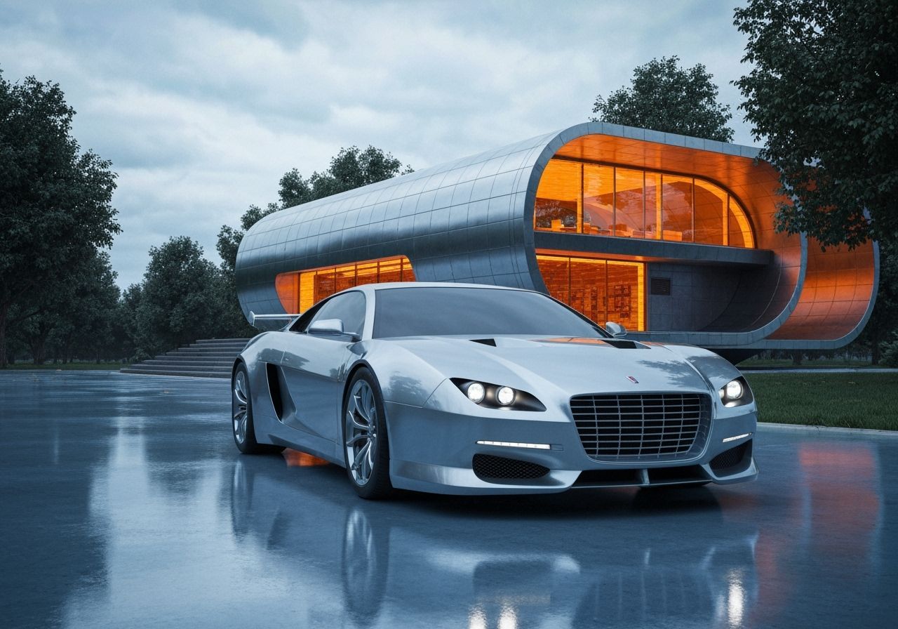 Futuristic Silver Sports Car in Cyberpunk Style
