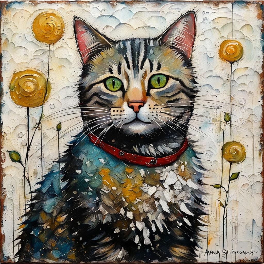 Mischievous Tabby Cat in Encaustic Painting Style