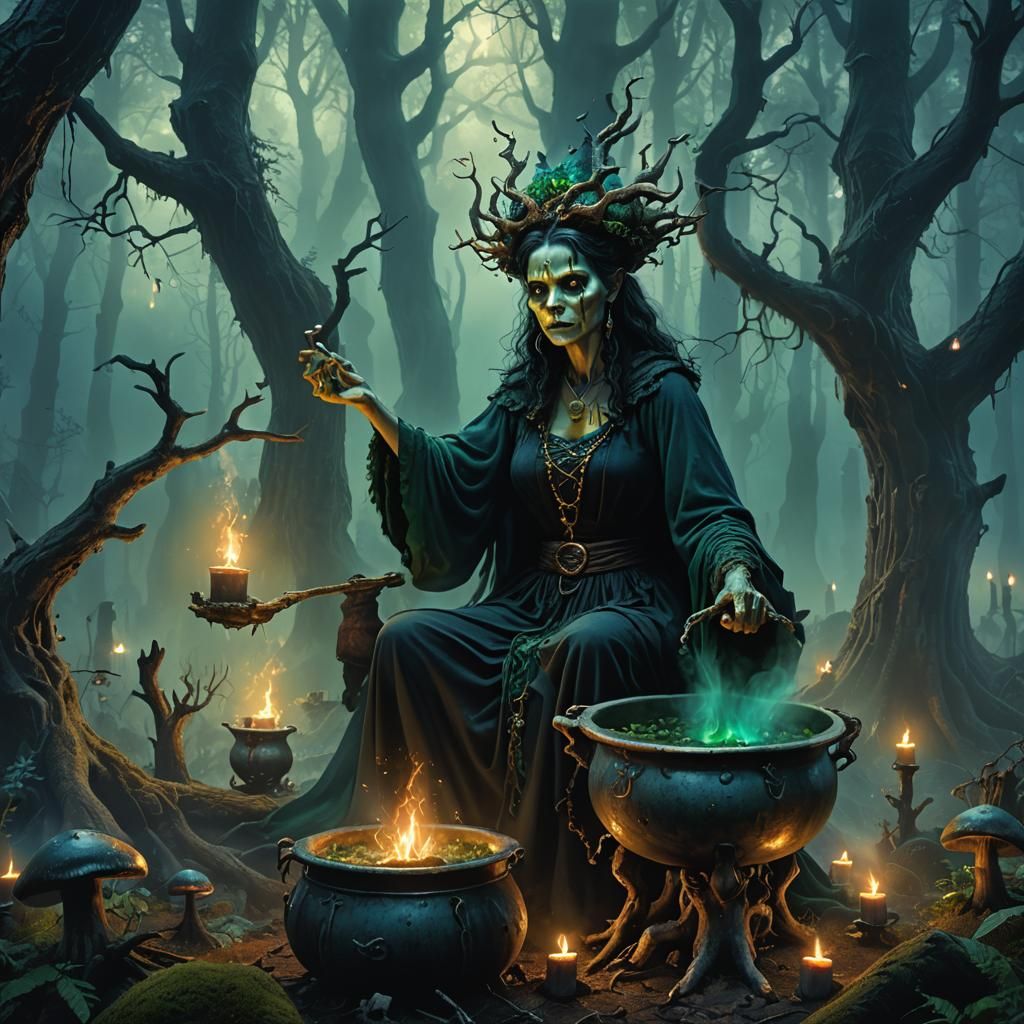 Wicked Witch Brewing Potion in Misty Forest