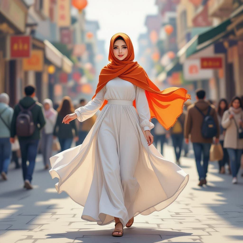 Elegant Woman Twirling in Bustling Street: Digital Art