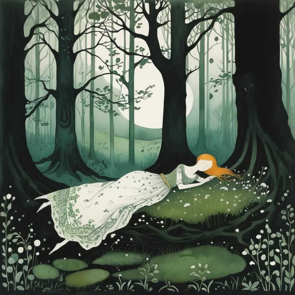 Lithograph of Woman in Gloomy Wood, Kay Nielsen Style