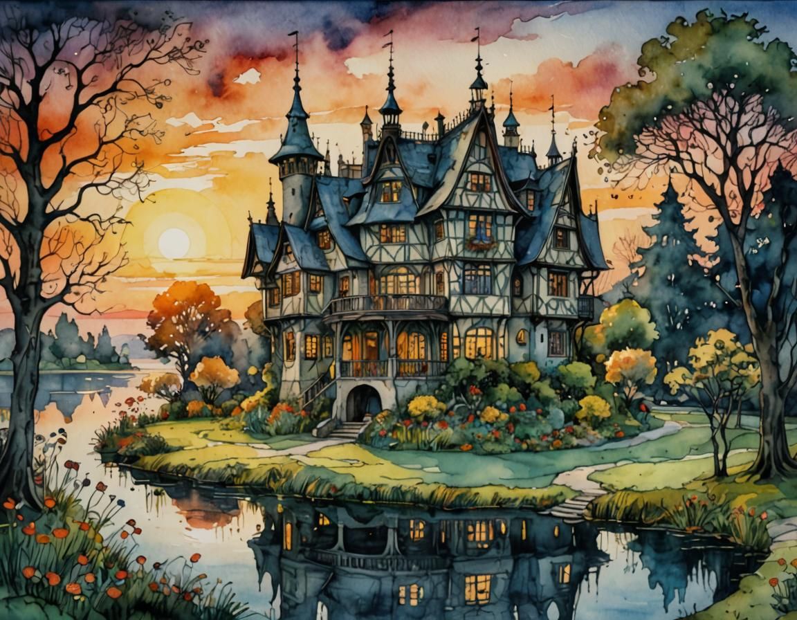 Fairytale House in Park, Arthur Rackham-Style Watercolor