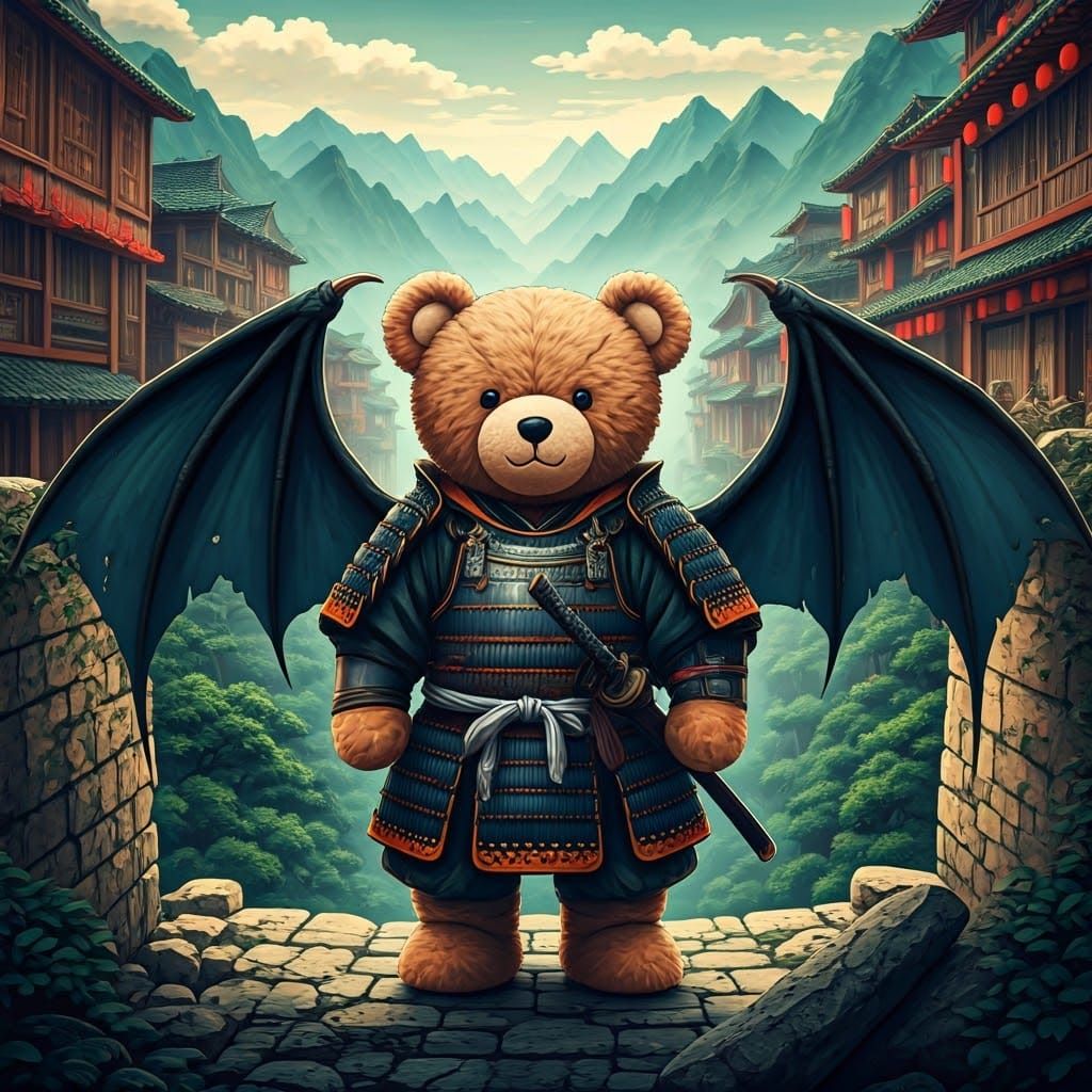 Samurai Teddy Bear Dragon in Chinese Landscape