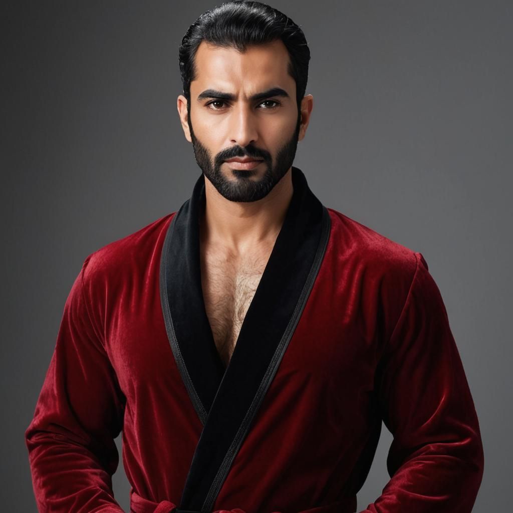 Handsome Man in Red Velvet Bathrobe as Impasto Painting
