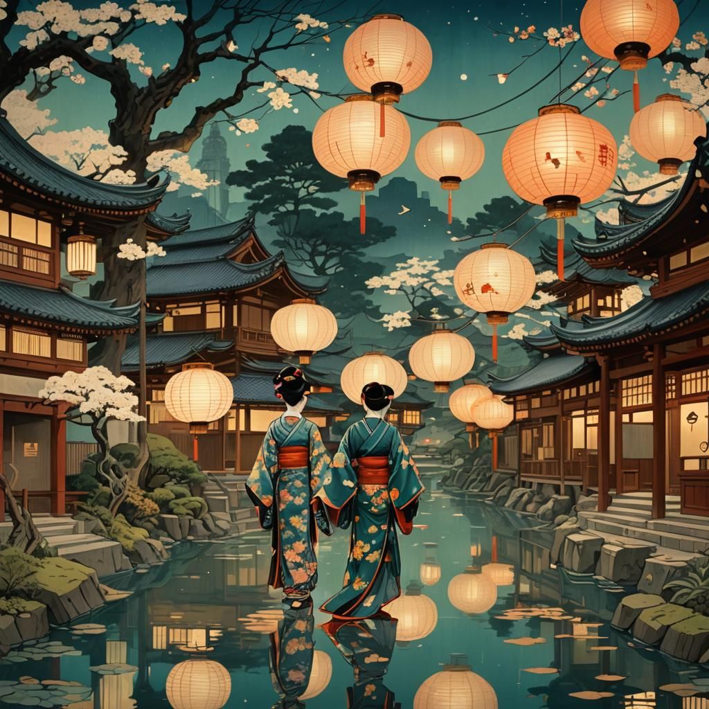 Geisha and Lantern Reflecting Temples, Illustrative Style