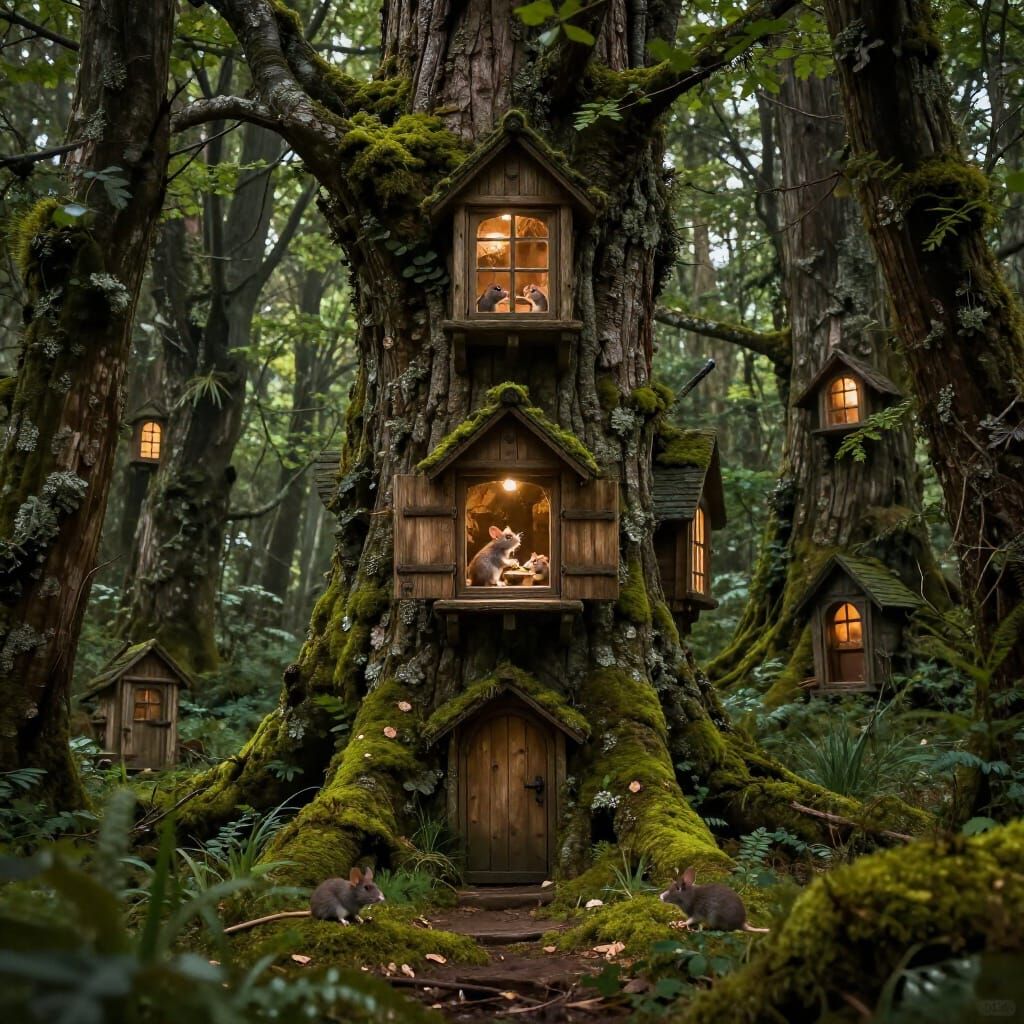 Cozy Tree Homes for Forest Animals in Dark Spring Forest