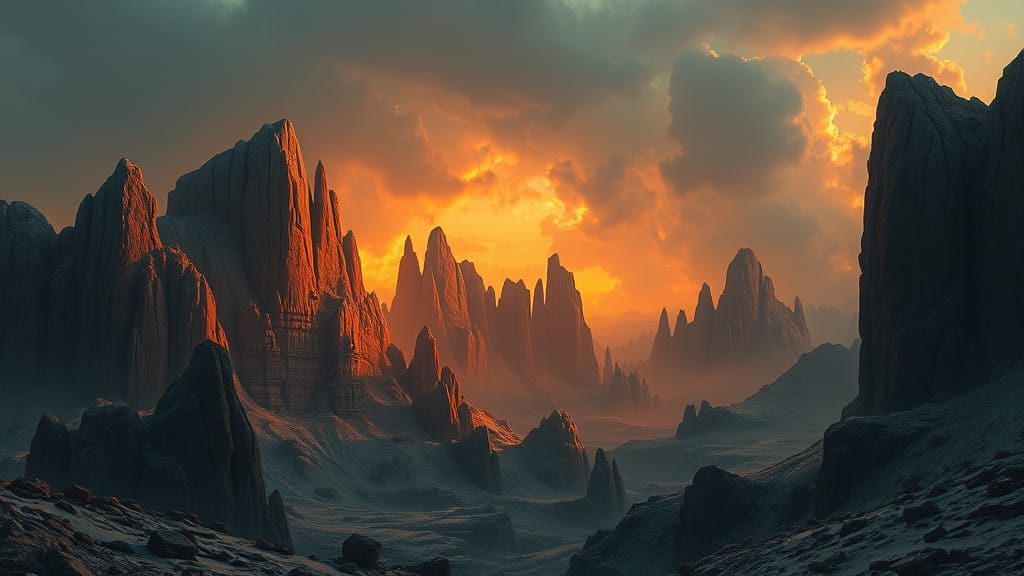 Monolithic Cityscape with Fog, in Digital Art Style