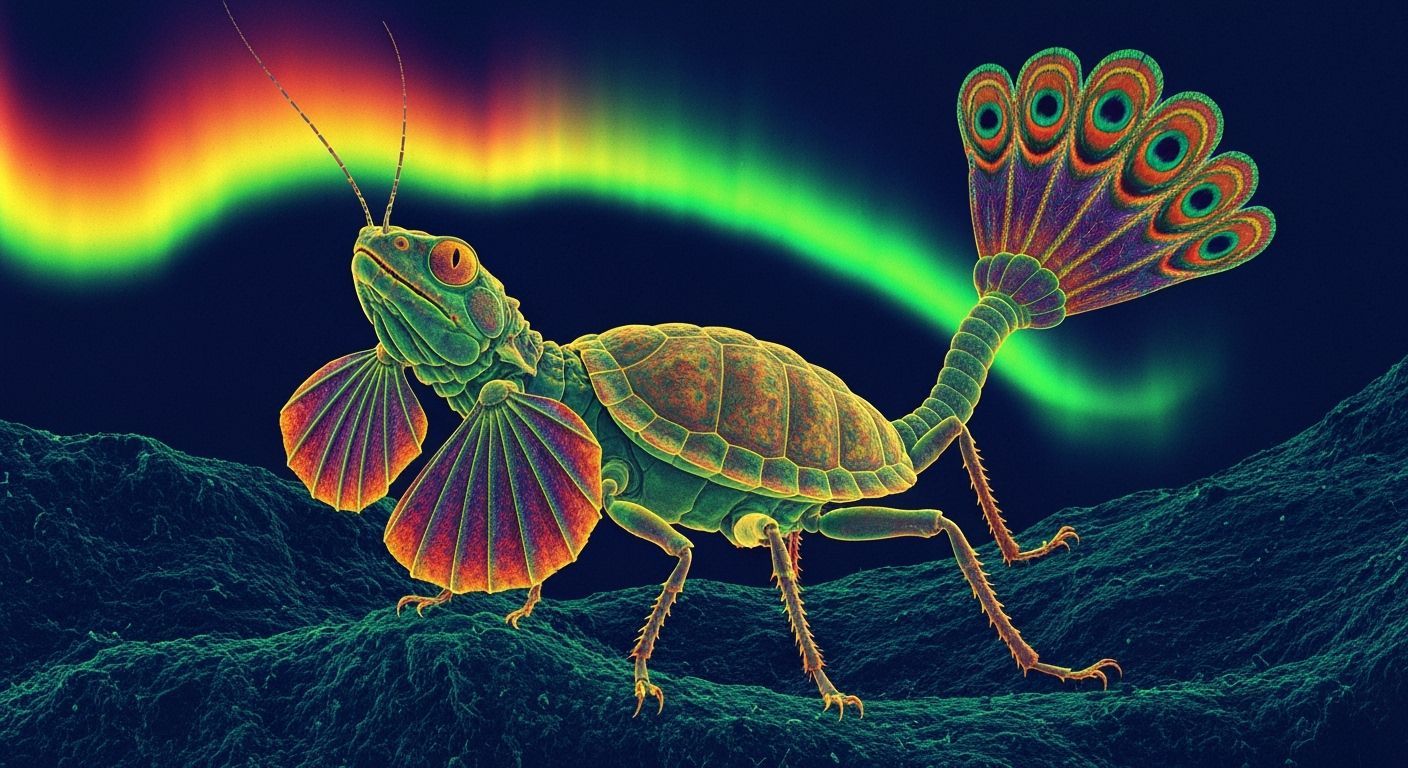 Psychedelic Prehistoric Landscape with Iridescent Monster