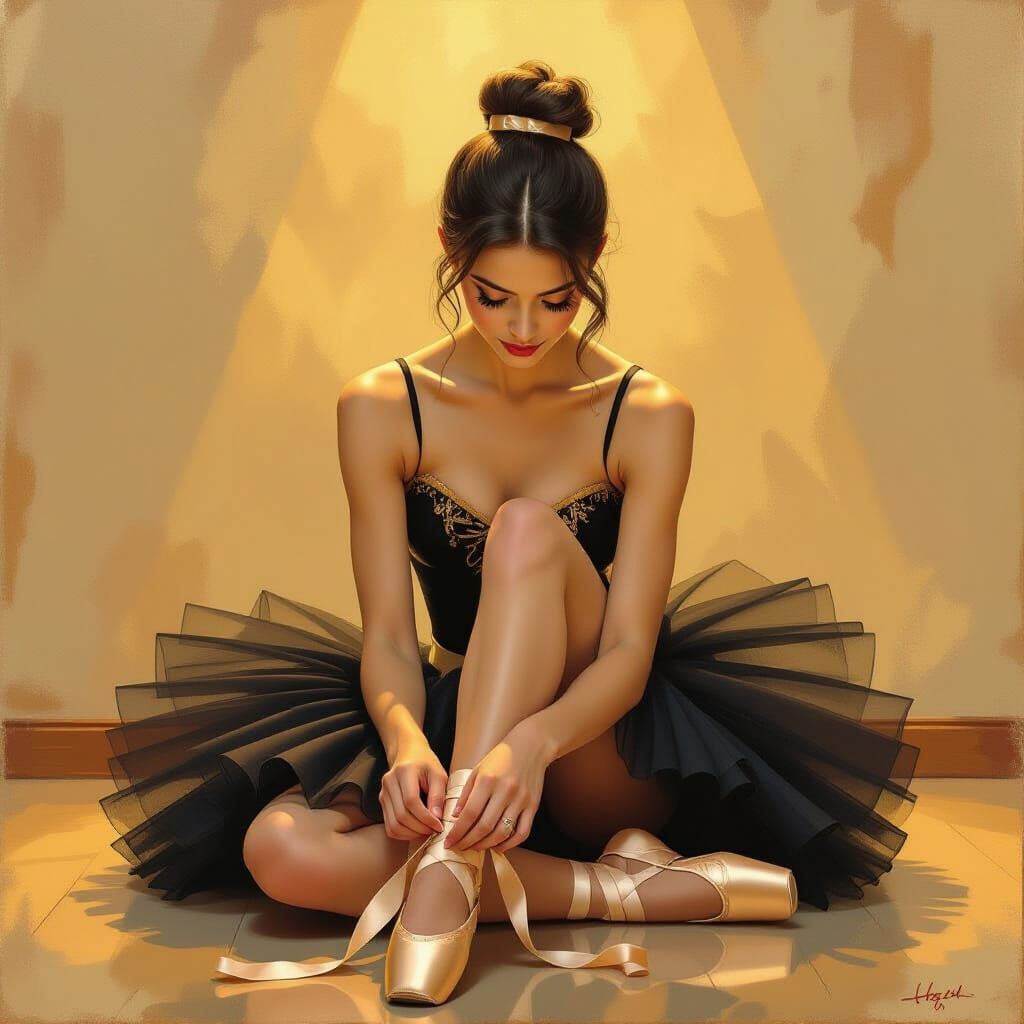 Ballerina Tying Shoes in Golden Light, Hyperrealistic Impast...