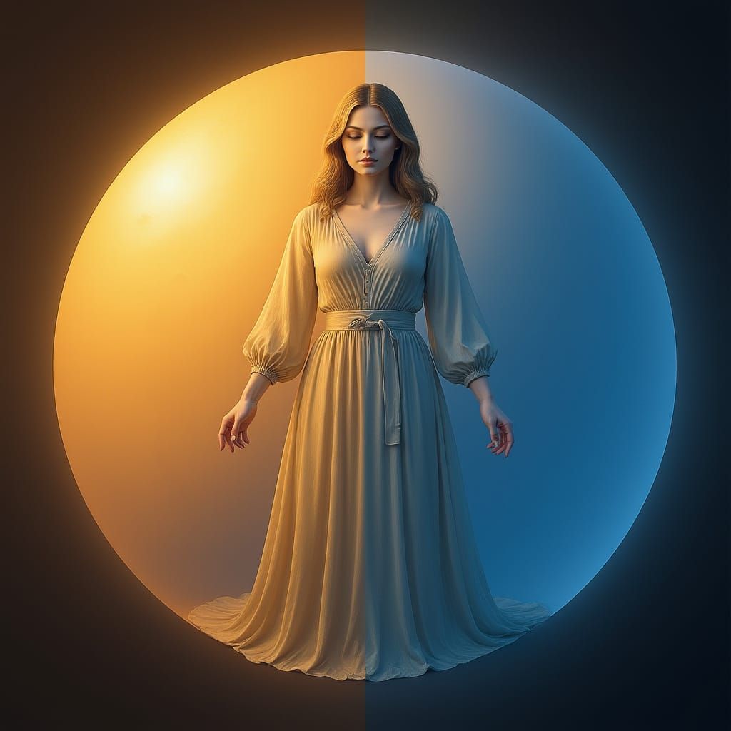 Woman on Globe: Dawn Meets Dusk in Ethereal Style