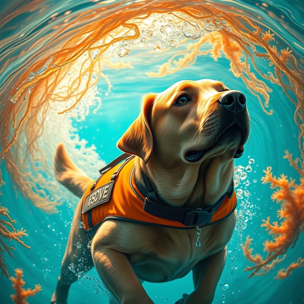 Majestic Labrador in Vibrant Underwater Resque Scene