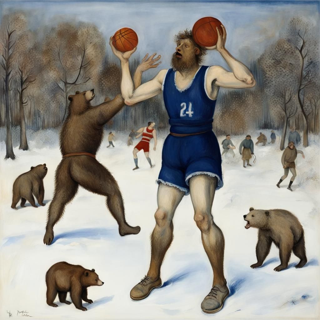 Peasant Bears Basketball Game, Expressionist Painting
