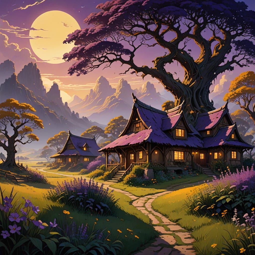 Mystical Farm Settlement at Dusk in Dark Fantasy Concept Art...