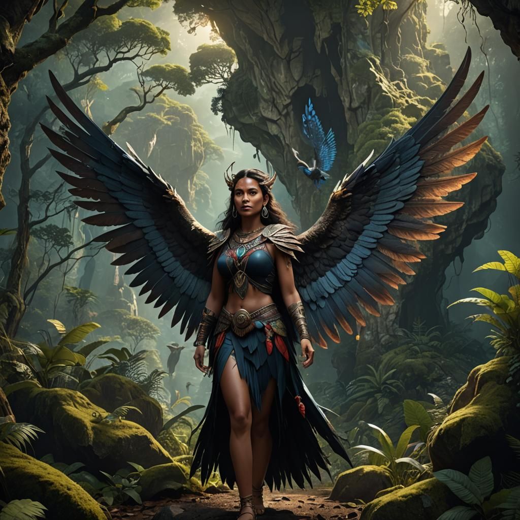 Winged Maori Woman in Forest, Detailed Digital Painting