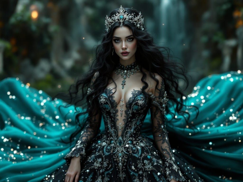 Regal Bride in Opulent Black and Turquoise Wedding Gown with...