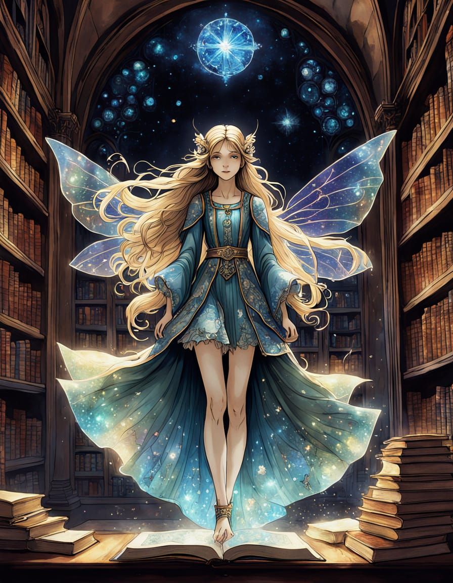 Celestial Fairy in Enchanted Library: Whimsical Watercolor A...