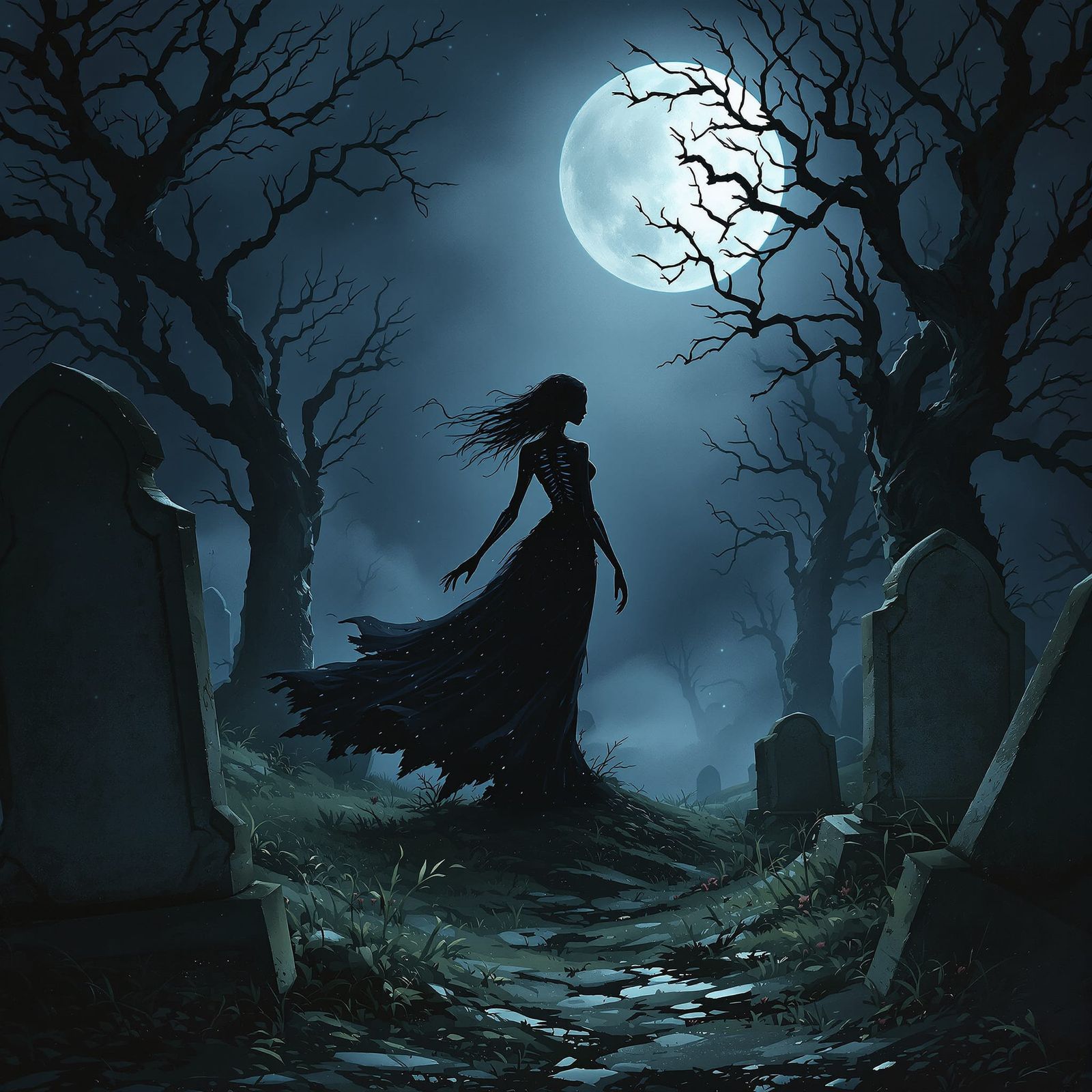 Gothic Horror Figure in Moonlit Cemetery