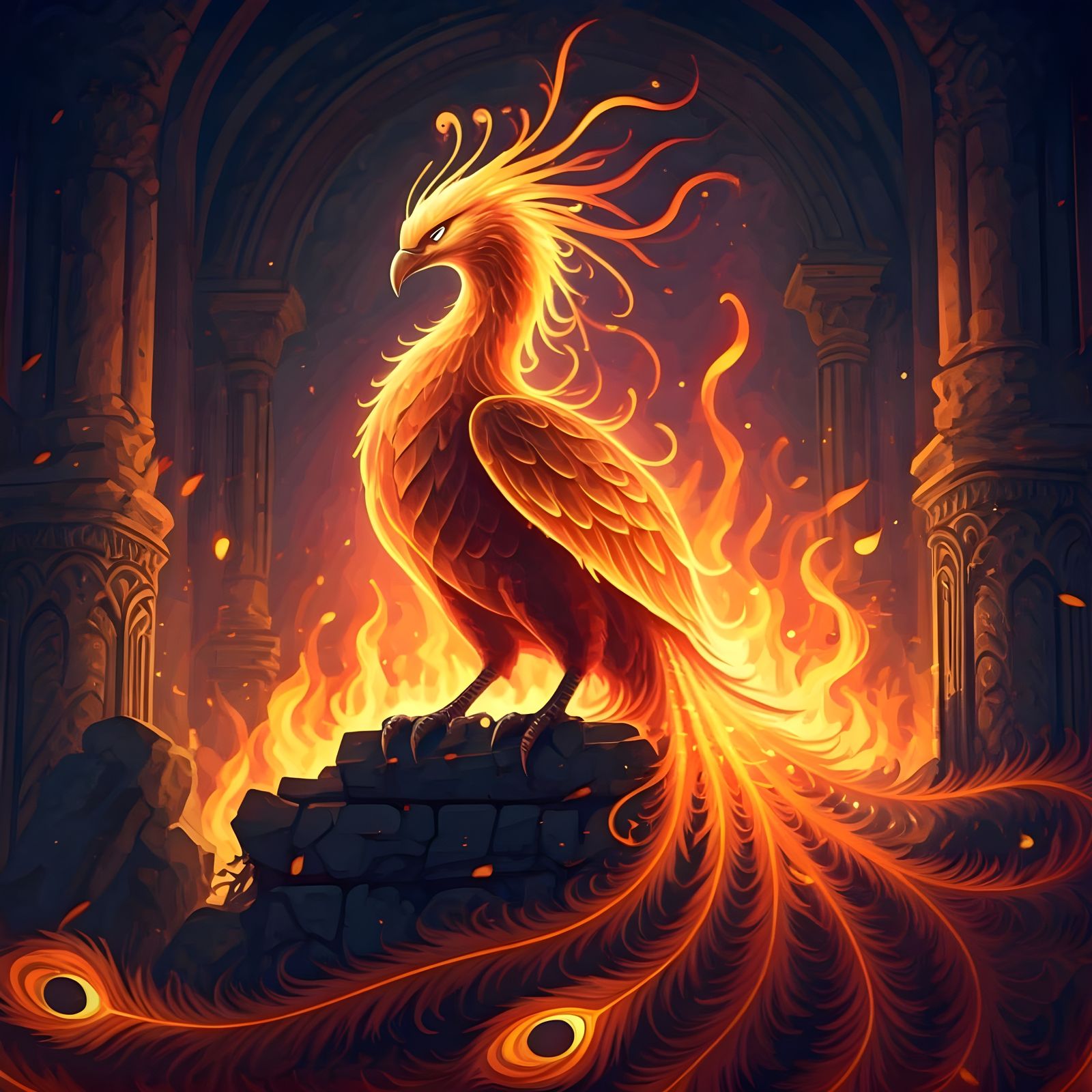 Majestic Flaming Phoenix on Ancient Ruins