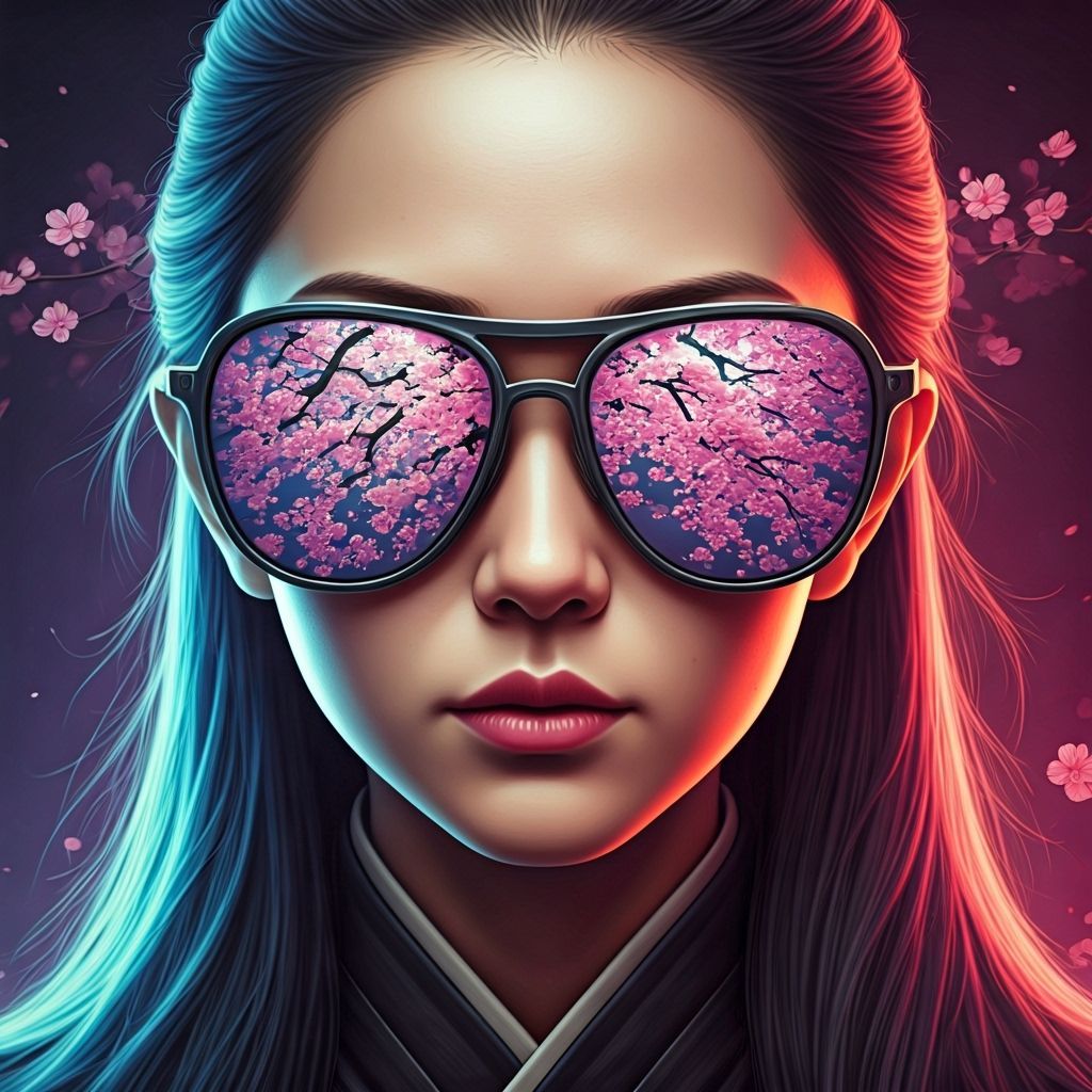 Cyberpunk Geisha's Sunglasses Reflecting Sakura Tree