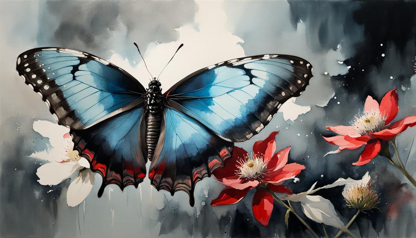 Delicate soft Morpho  butterfly sits on a flower
