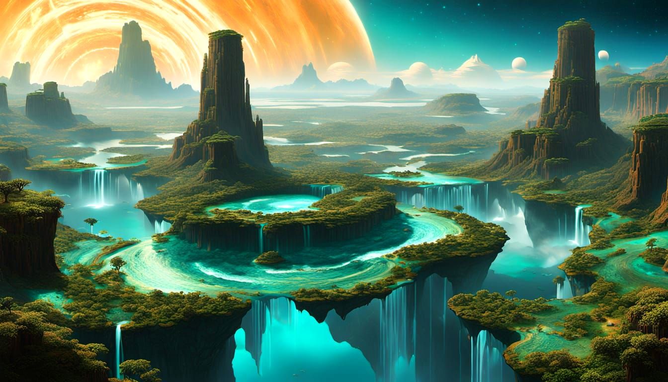 Exoplanet with Floating Islands in a Golden Turquoise Haze