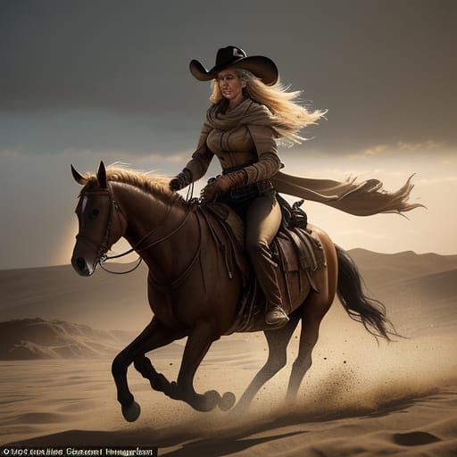 Cowgirl Riding into a Turbulent Sandstorm