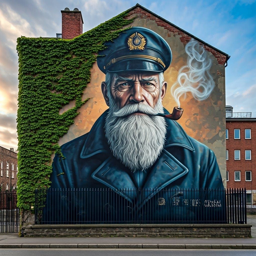 Gritty Sea Captain Mural in Digital Art Style