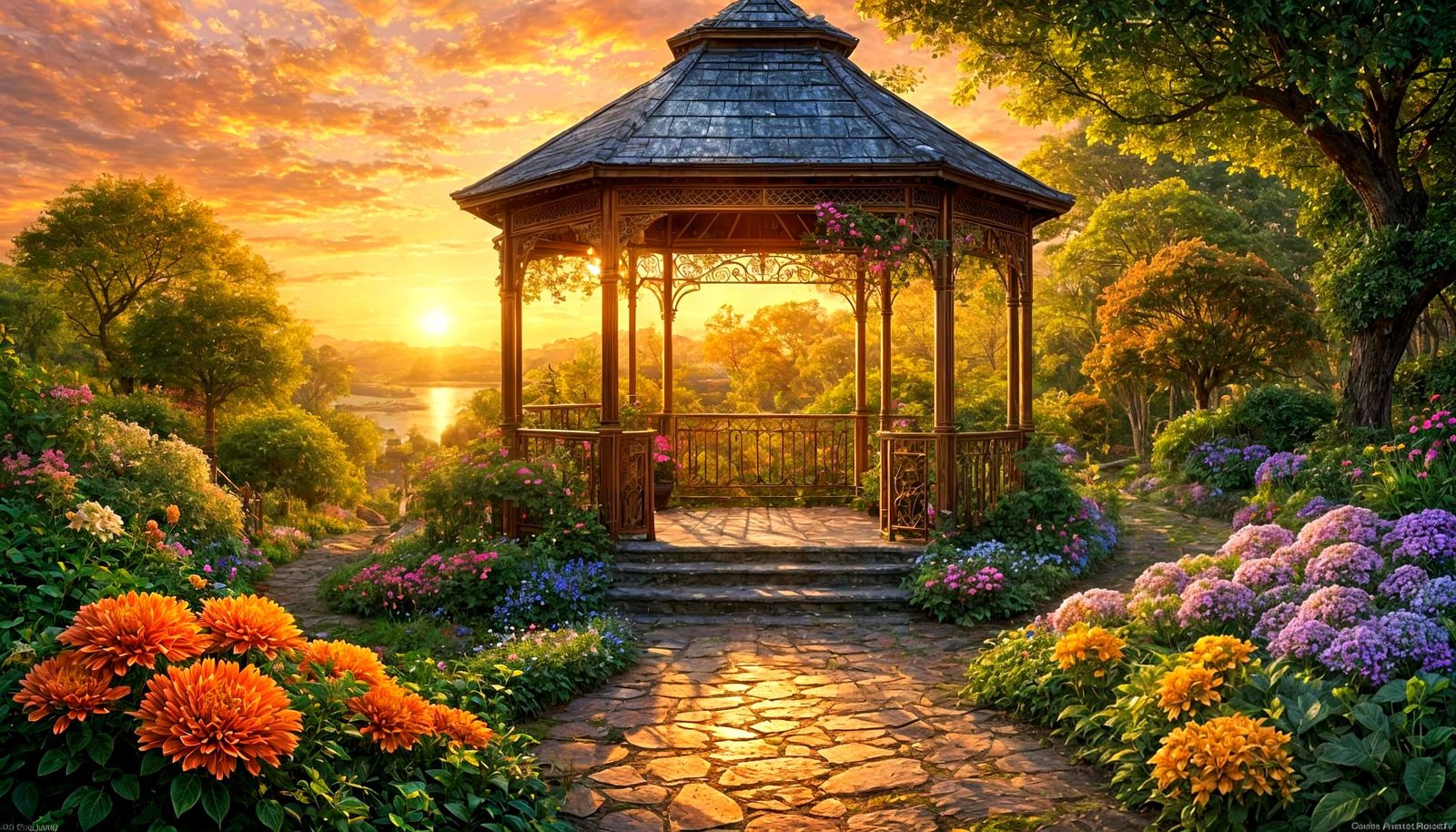 Copper Gazebo in Lush Garden at Sunset