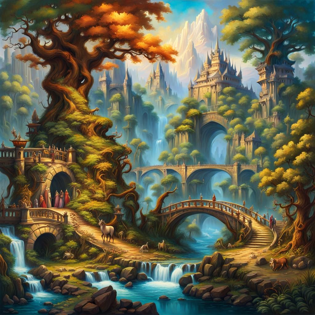 Mythical Creatures Populate a Majestic Landscape Painting
