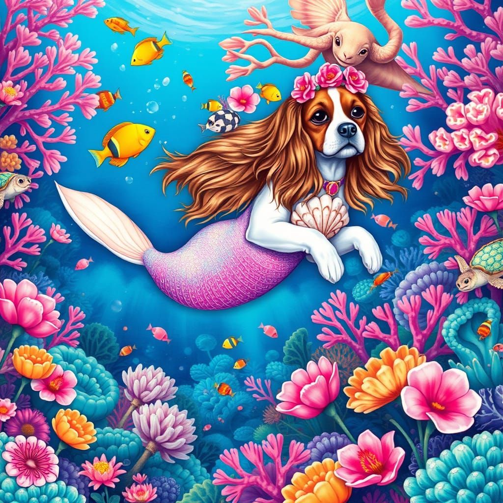 Cavalier King Charles Spaniel Mermaid in Coral Reef