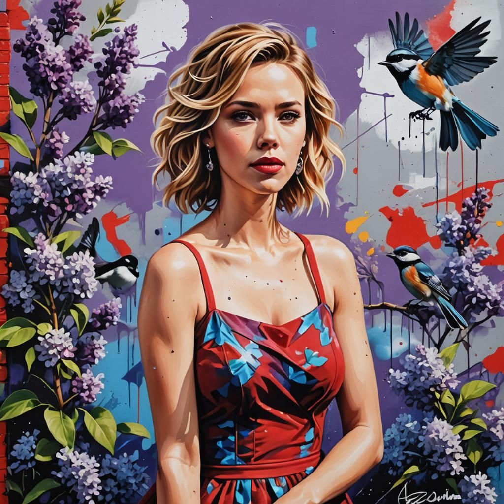 Woman with Chickadee in Graffiti Splash Art